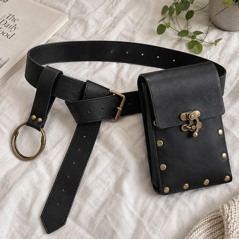 Black Faux Leather Utility Belt Studded Pouch O-Ring Steampunk Accessory